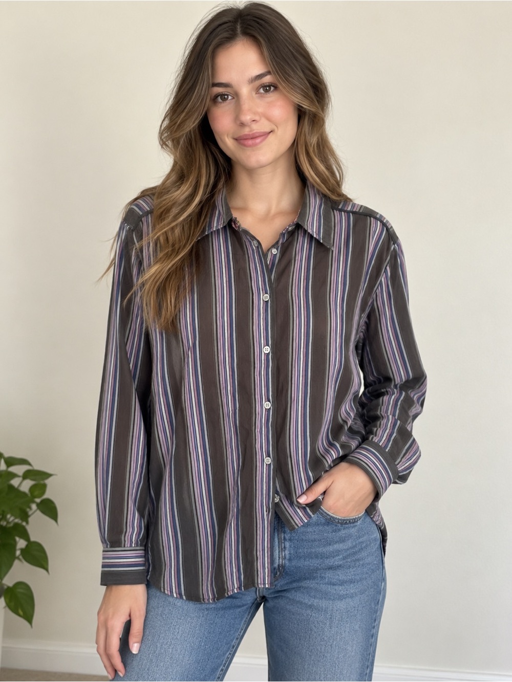 Cato Brown Button-Down Shirt with Purple & White Stripes